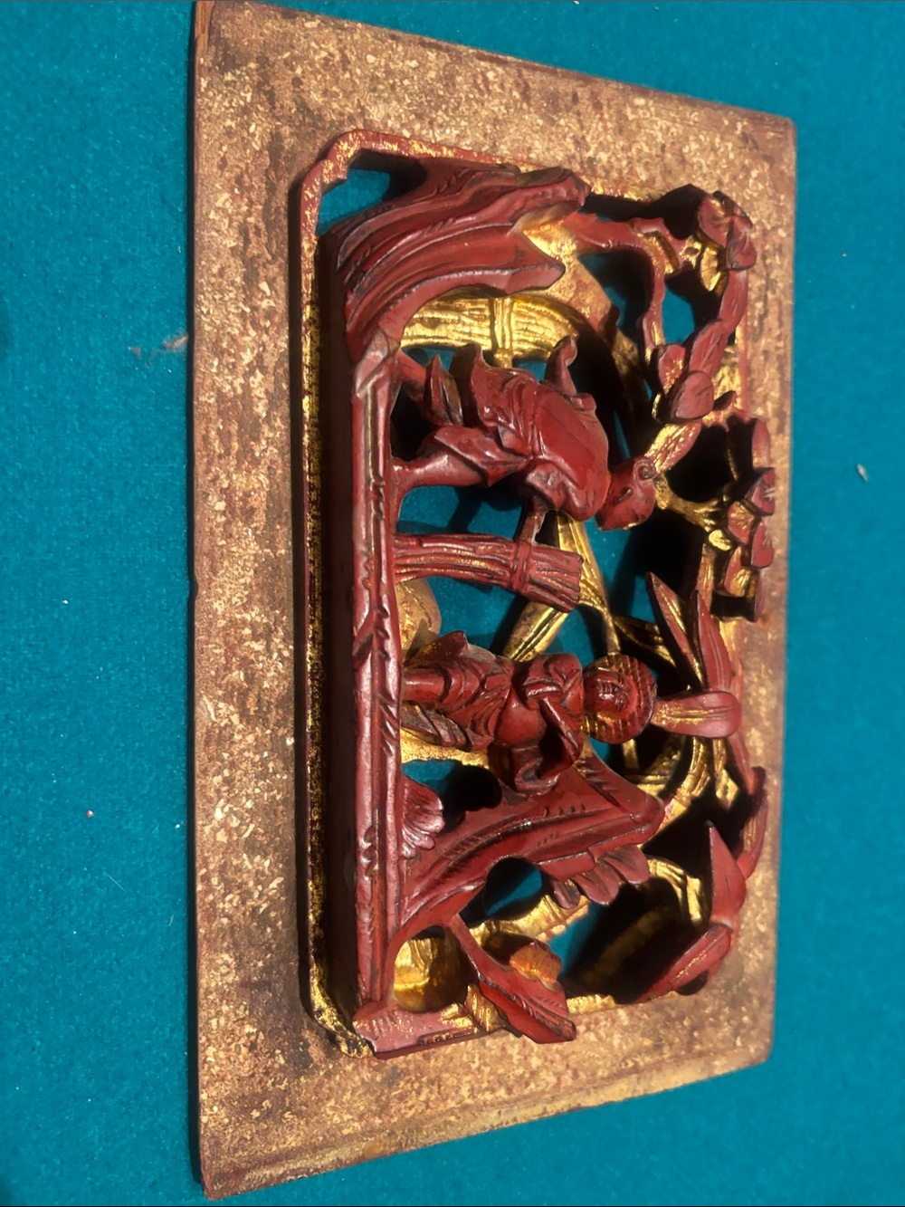 Carved Red and Gold Decorative Plaque Vintage Made In Taiwan.